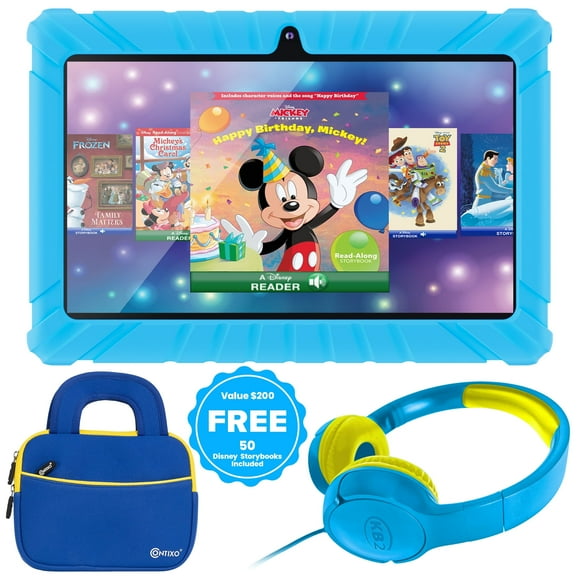 Contixo 7" Tablet Bundle, Kids Tablet for Ages 3-7, 50 FREE Disney eBooks, STEM Learning, Headphones & Sleeve Case, Android Tablet, Blue