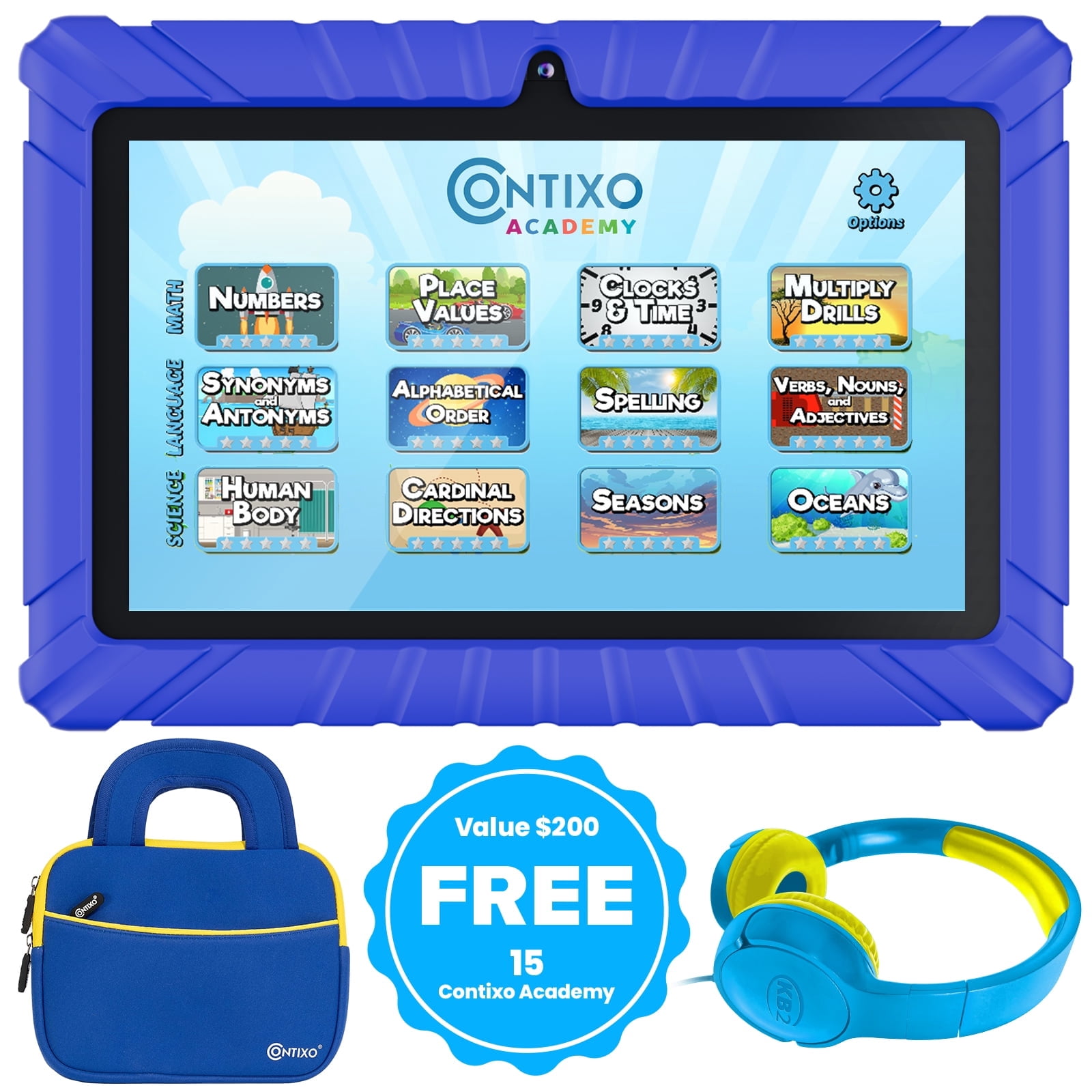 Contixo Kids Tablets Bundle, 7-Inch Android Tablet with Headphones and Sleeve Case, 32GB, Dark Blue