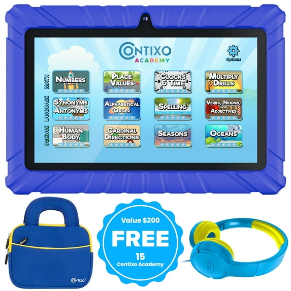 Contixo 7" Tablet Bundle, Kids Ages 3-7, 15 Free Educational Apps, STEM Learning, Headphones & Sleeve Case, Android Tablet, Parental Controls - Dark Blue