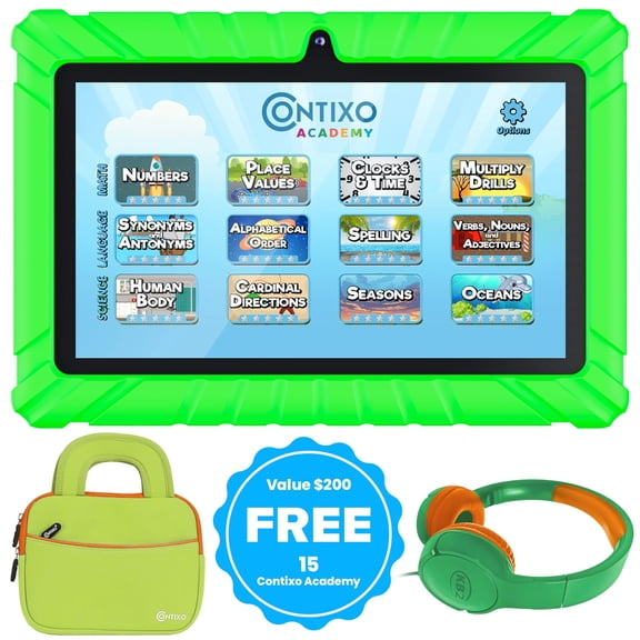 Contixo Kids Tablets Bundle, 7-Inch Android Tablet with Headphones and Sleeve Case, 32GB, Green