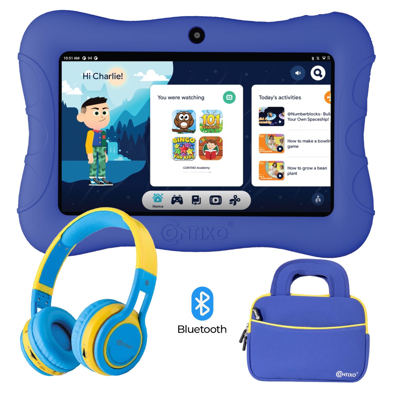 Contixo 7 inch Kids Learning Tablet Bundle 2GB RAM 32GB Storage, Bluetooth, Android 10, Dual