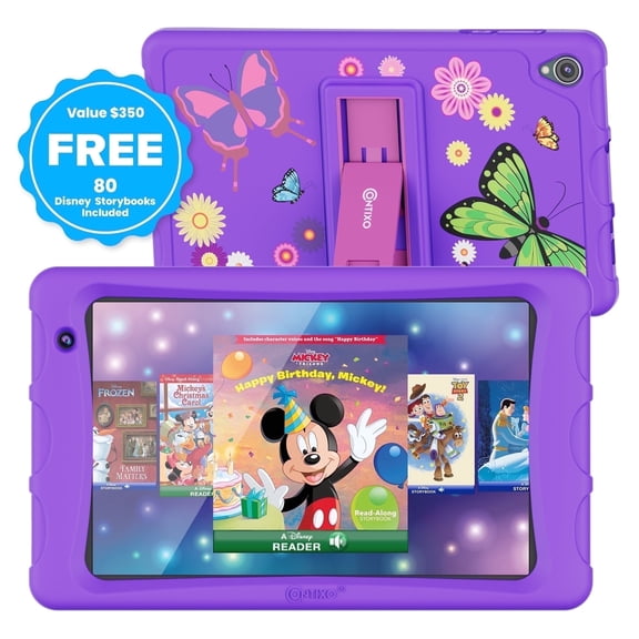 Contixo 8" Kids Tablet, 2025 Model, 80 Disney eBooks, 32GB, Android 13, Kid-Proof Case & Kickstand - Purple