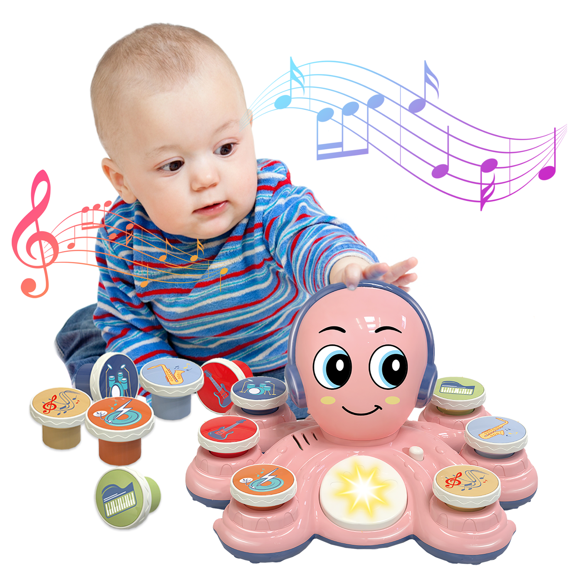 Contixo Baby Piano Toy, Musical Octopus w/ Lights & Sounds, 6 Playback Modes: Drum Beats, Guitar Riffs & More, Toys for Toddlers Ages 6-24 Months, Boys & Girls - Pink