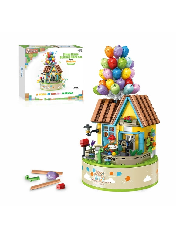 Contixo Carousel Music Box, Including 528 Piece Building Blocks, STEM Toy Brick Set, Gift for Boys and Girls - Flying Balloon House BK01