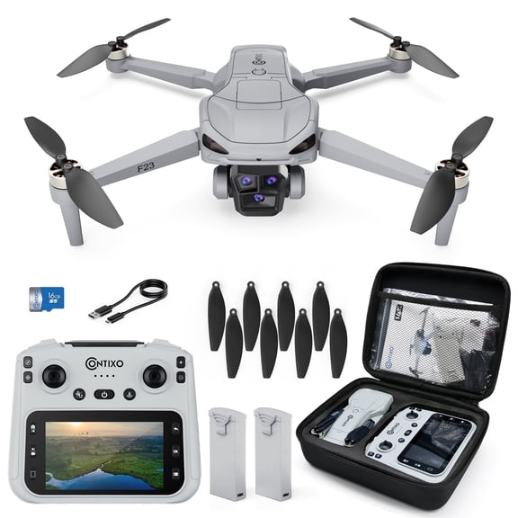 Contixo F23 720P FPV Drone with Camera for Kids and Adults, GPS Mini RC Quadcopter with 4.5" Screen, 46 Min Flight Time, Optical Flow, Auto Return, 2 Batteries, Gray
