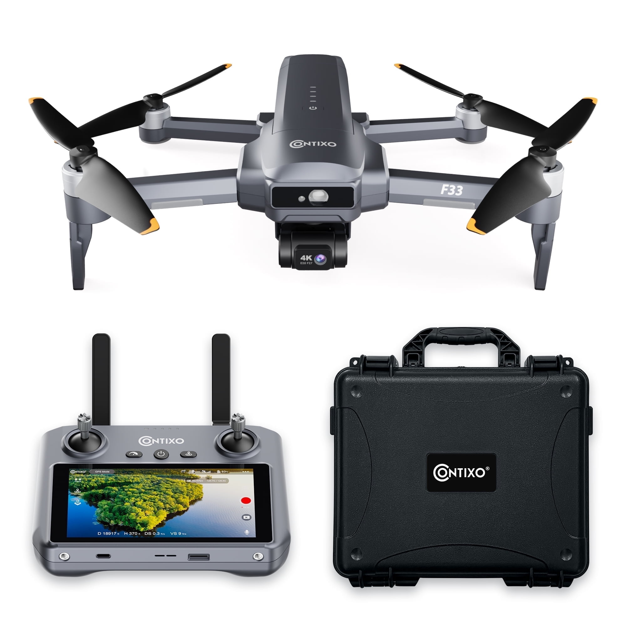 Contixo F33 Vortex 4K Drone, 6000M (3.7-Mile) Range, 40-Min Flight, 2-Axis Gimbal, 5.5" Screen Remote, GPS, Case