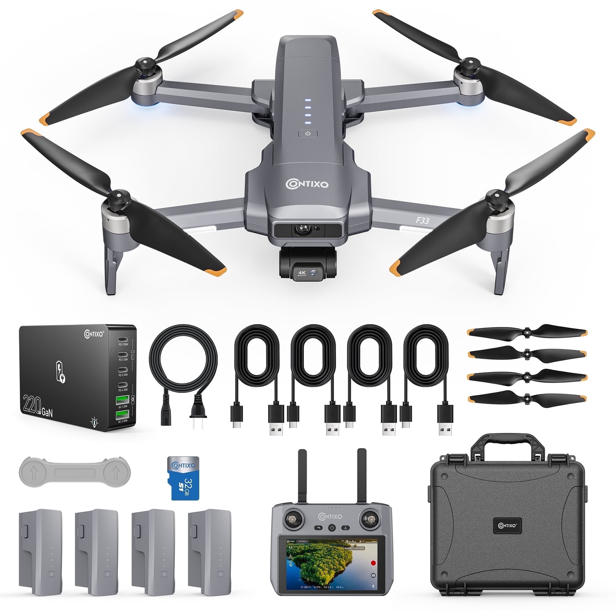 Contixo F33 Vortex "Adventurer" 4K Drone Bundle, 4 Batteries (160 Min Total), 6000M Range, 2-Axis Gimbal, 5.5" Screen, GaN Charger