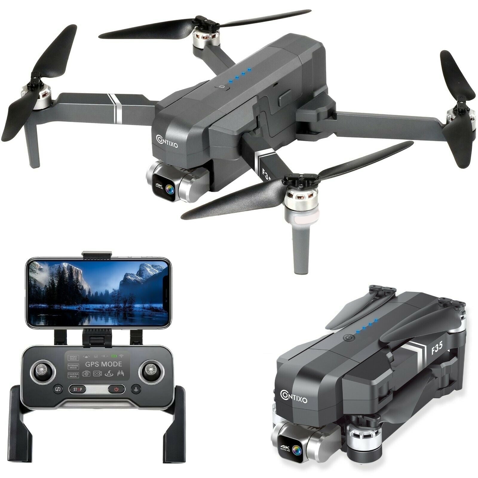 Contixo F35 4K Drone, 2-Axis Gimbal, 5000ft Range, 30-Min Flight, GPS, Auto-Return, Brushless Motor, Case, Gray