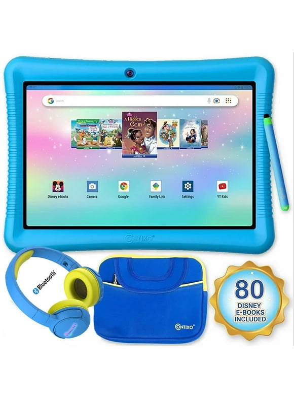 Contixo K102 10" Kids Tablet, Wireless Headphones and Tablet Bag | 64GB Storage, 80+ Disney eBooks, Shockproof Case w/ Kickstand & Stylus - Blue