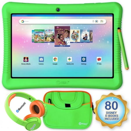 Contixo K102 10" Kids Tablet, Wireless Headphones and Tablet Bag | 64GB Storage, 80+ Disney eBooks, Shockproof Case w/ Kickstand & Stylus Green