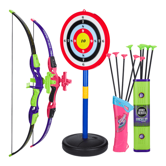 Contixo Kids Bow & Arrow Set, 2-Pack Archery Toy with Infrared Aiming,10 Arrows & Target, Kids Outdoor Games for Ages 6-13, Kids Archery Set - Green & Pink