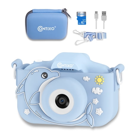 Contixo Kids Digital Camera - 1080p HD, Dual Lens Selfie, Games, Shockproof, 4x Zoom, Ages 3-8 - Blue