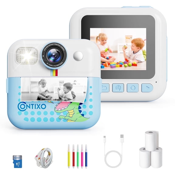 Contixo Kids KC4 Instant Print Camera, HD 1080P Digital Camera with 3 Rolls of Paper & 32G Card, 16X Zoom, Games & MP3, Ages 3-12, Blue