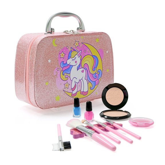 Contixo Girls Makeup Kit, Sparkle Unicorn Kids Makeup Set with Brushes, Nail Polish, Blush, Mirror, and Case, Pink