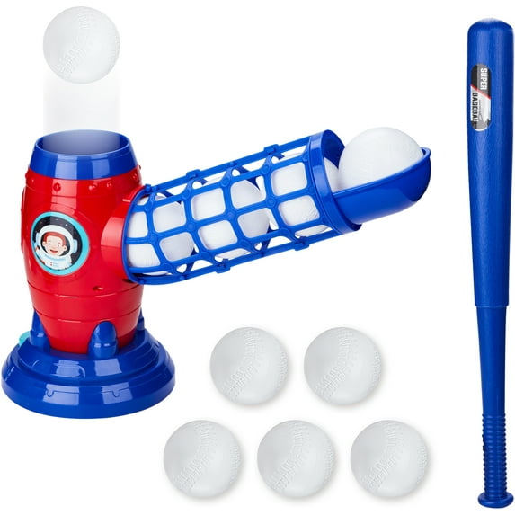 Contixo Kids T-Ball Set, Ages 3-5, Ball Launcher, 5 Balls & Adjustable Bat, Indoor/Outdoor, Baseball Toy - Blue/Red