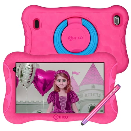 Contixo Kids Tablet with Educator Approved Academy, 7-inch HD Display for Eye Protection, 2GB + 32GB, Protective Case with Adjustable Bracket (Kickstand) and Stylus, 2021 V10 Plus-Pink