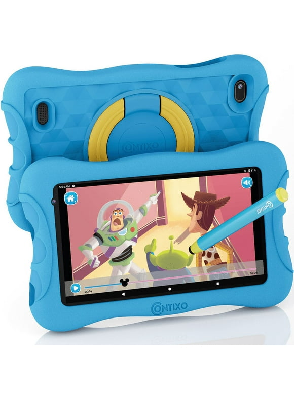 Contixo Kids Tablet with Educator Approved Academy, 7-inch HD Display for Eye Protection, 2GB + 32GB, Protective Case with Adjustable Bracket (Kickstand) and Stylus, 2021 V10 Plus-Blue