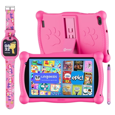 Contixo Kids Tablets and Smart Watch Bundle, 7-Inch Android Tablet with Stylus and Smart Watch for Kids, Pink