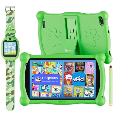 Contixo Kids Tablets and Smart Watch Bundle, 7-Inch Android Tablet with Stylus and Smart Watch for Kids, Green