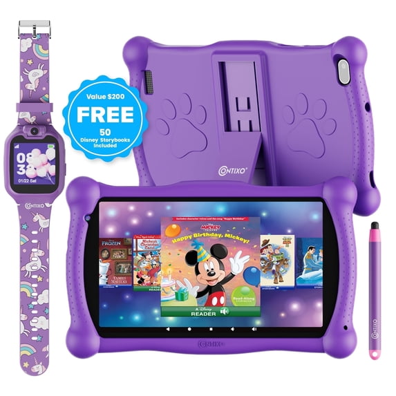 Contixo Kids Tablet & Smart Watch Bundle - 7" Android Tablet, 50+ Disney eBooks 2GB RAM, 32GB, Bluetooth, Stylus & Watch, Parental Controls, Case, Purple