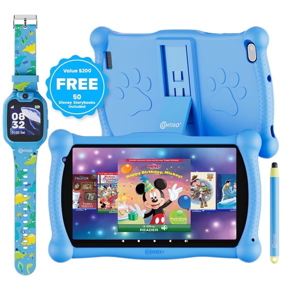 Contixo Kids Tablet & Smart Watch Bundle - 7" Android Tablet, 50+ Disney eBooks 2GB RAM, 32GB, Bluetooth, Stylus & Watch, Parental Controls, Case, Blue