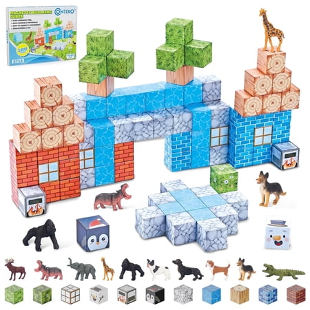 Contixo Magnetic Building Blocks Set, STEM Building Cube Kids Toy with Animal Figures, 100-Piece