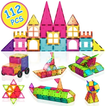 Contixo Magnetic Tiles, 3D Magnetic Blocks, STEM & Sensory Learning, Kids ages 3+, Includes Storage Bag, 112 PCS