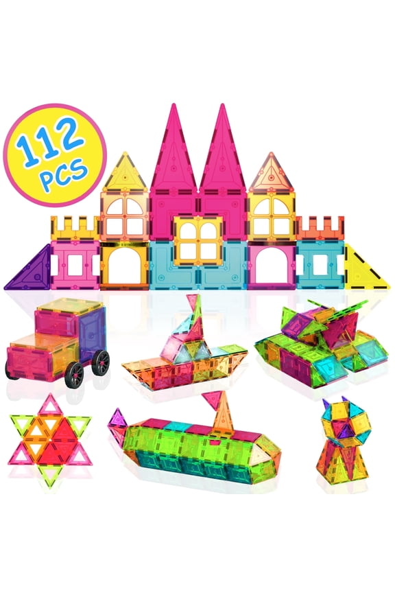 Magnetic Tiles, 3D Magnetic Blocks, STEM & Sensory Learning, Kids ages 3+, Includes Storage Bag, 112 PCS