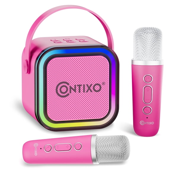 Contixo KS1 Mini Karaoke Machine for Kids with Bluetooth Speaker and Wireless Microphones, Pink