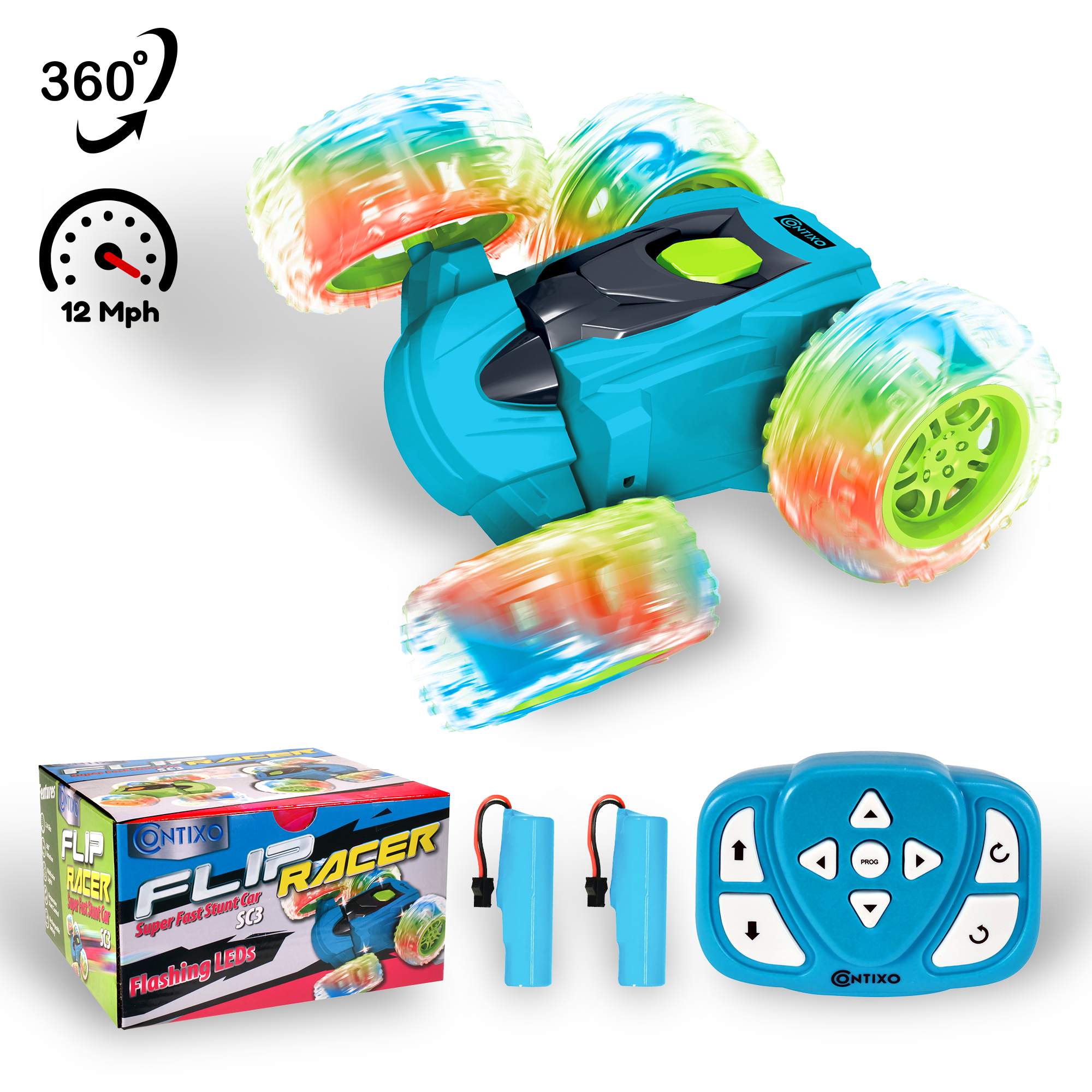 Contixo Remote Control Car, Stunt Racer, 360° Flip & Rotate, LED Lights, Wristband Controller, All-Terrain RC Cars for Kids, Blue