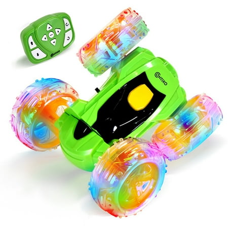 Contixo RC Car Stunt Racer, Wheels Flip & Rotate 360°, Fast Remote Control Toy Car for Kids, AWD, 2.4GHz, Rechargeable Battery, Lights Up - Green