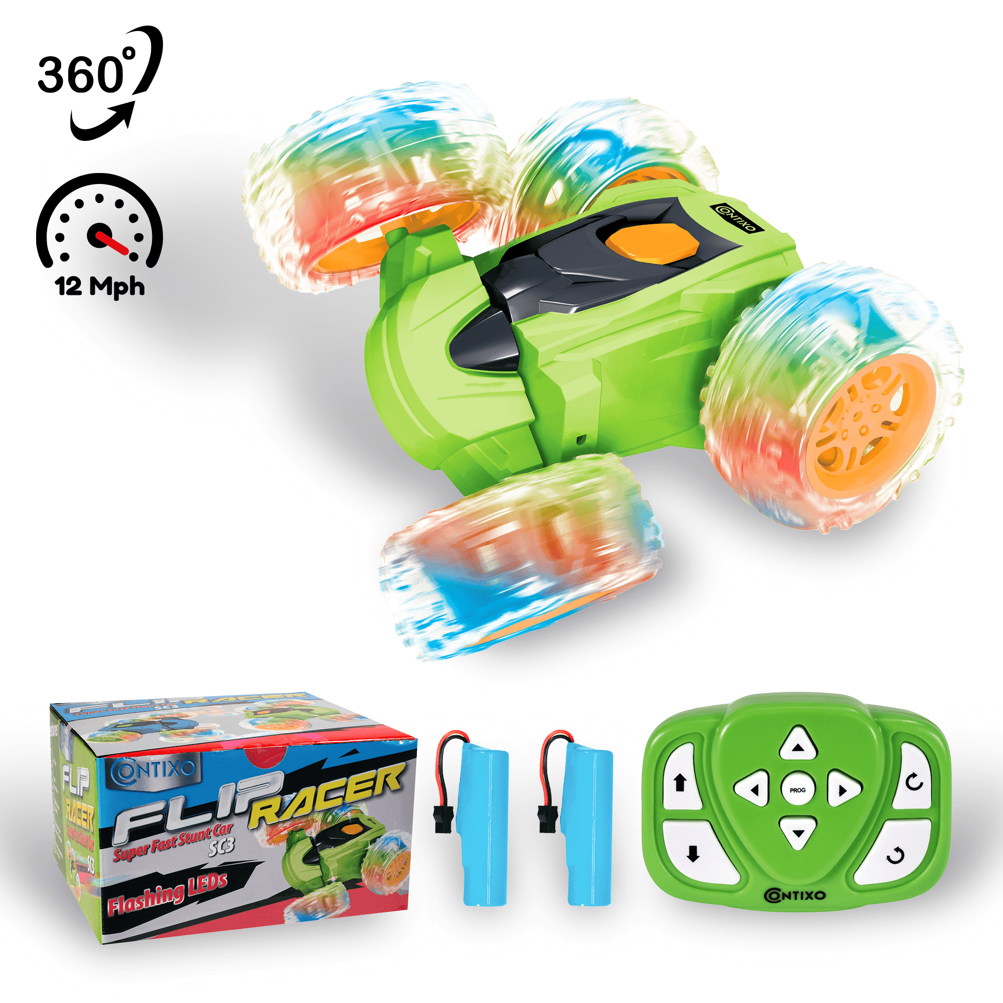 Contixo Remote Control Car, Stunt Racer, 360° Flip & Rotate, LED Lights, Wristband Controller, All-Terrain RC Cars for Kids, Green