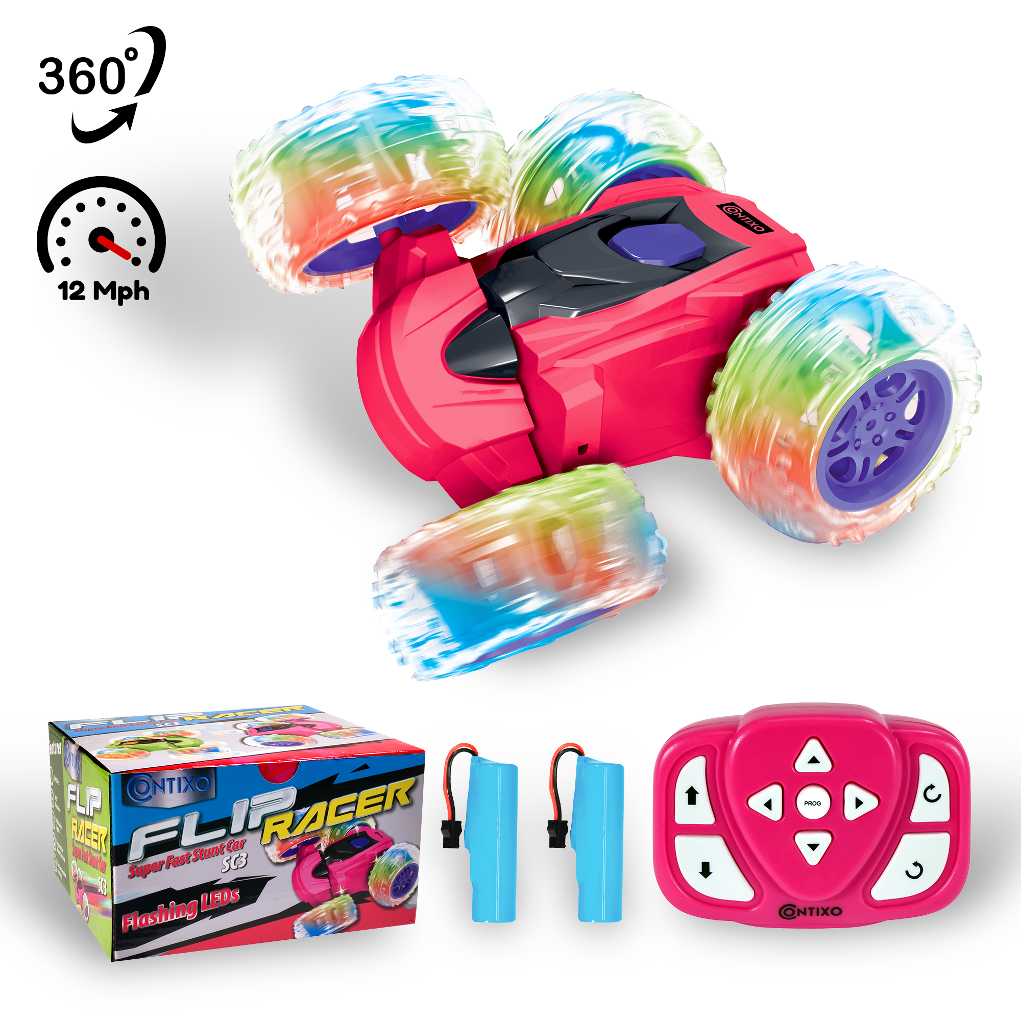 Contixo Remote Control Car, Stunt Racer, 360° Flip & Rotate, LED Lights, Wristband Controller, All-Terrain RC Cars for Kids, Pink