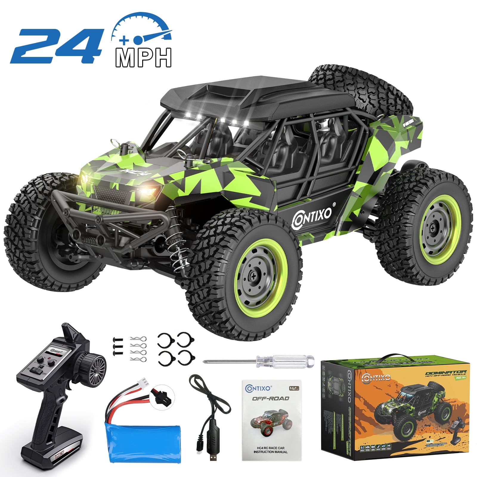 Contixo HC4 Off-Road UTV RC Car, 1:16 Scale Remote Control Cars with 4WD for Kids and Adults, Green