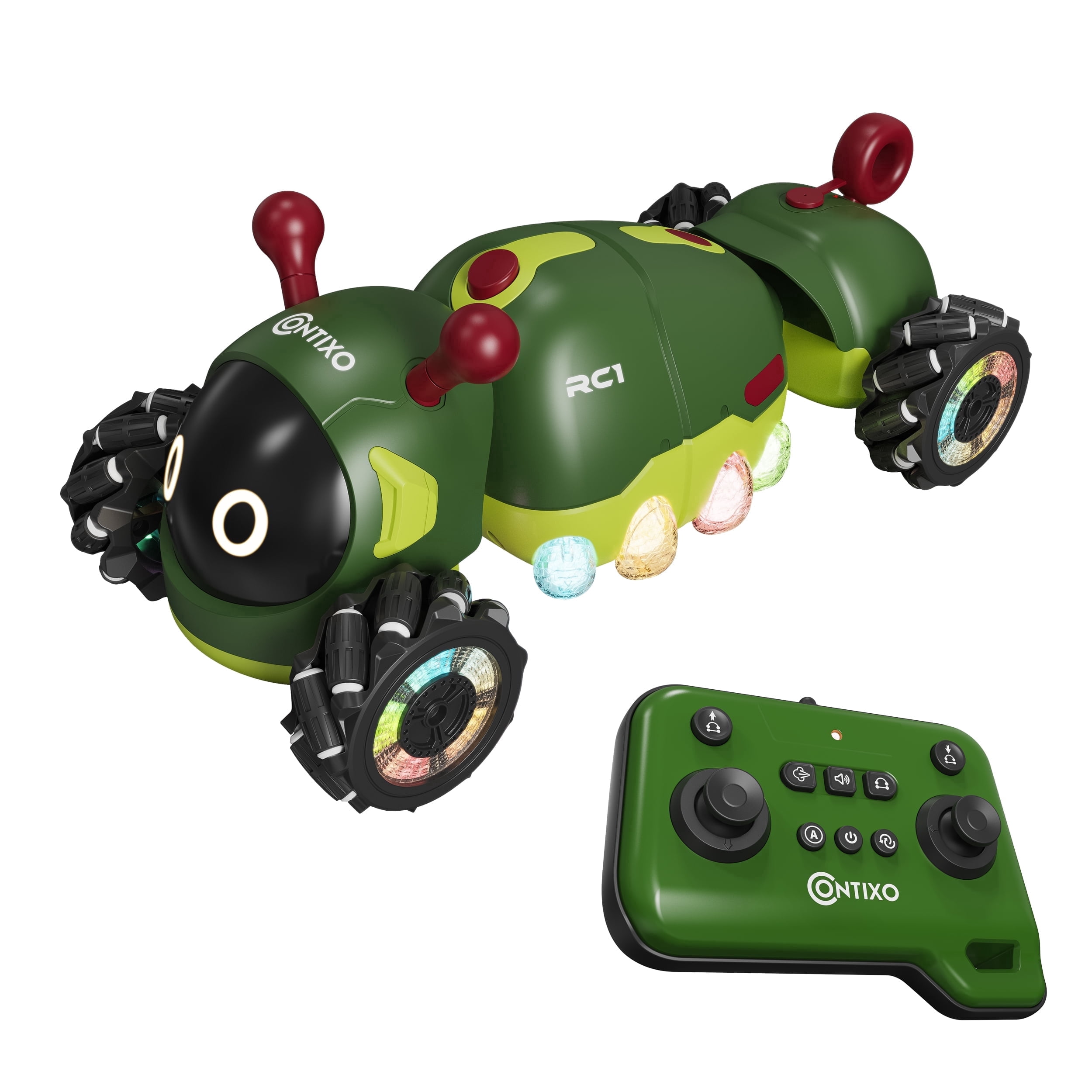 Contixo RC1 Mech Stunt RC Caterpillar Car – Kids Remote Control Car, Omni-Directional 360° Spins, Mist Spray, LED Lights, All-Terrain Stunt Vehicle, Torsion Body, 2.4GHz Remote –Green