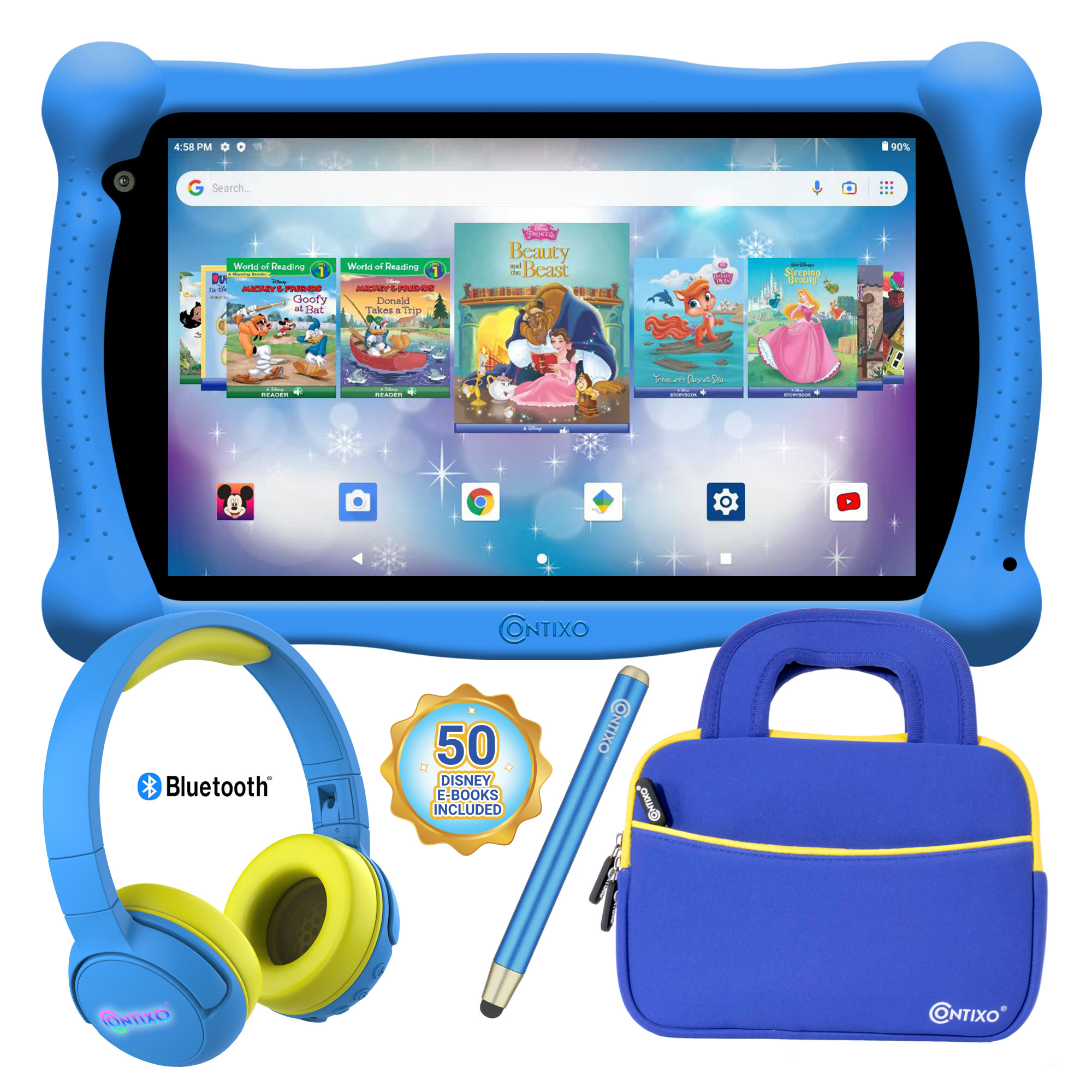 Contixo V10 7" Kids Tablet, Headphone and Tablet Bag Bundle, 32GB Storage, 50+ Disney eBooks, Shockproof Case w/ Kickstand and Stylus - Blue - image 1 of 6