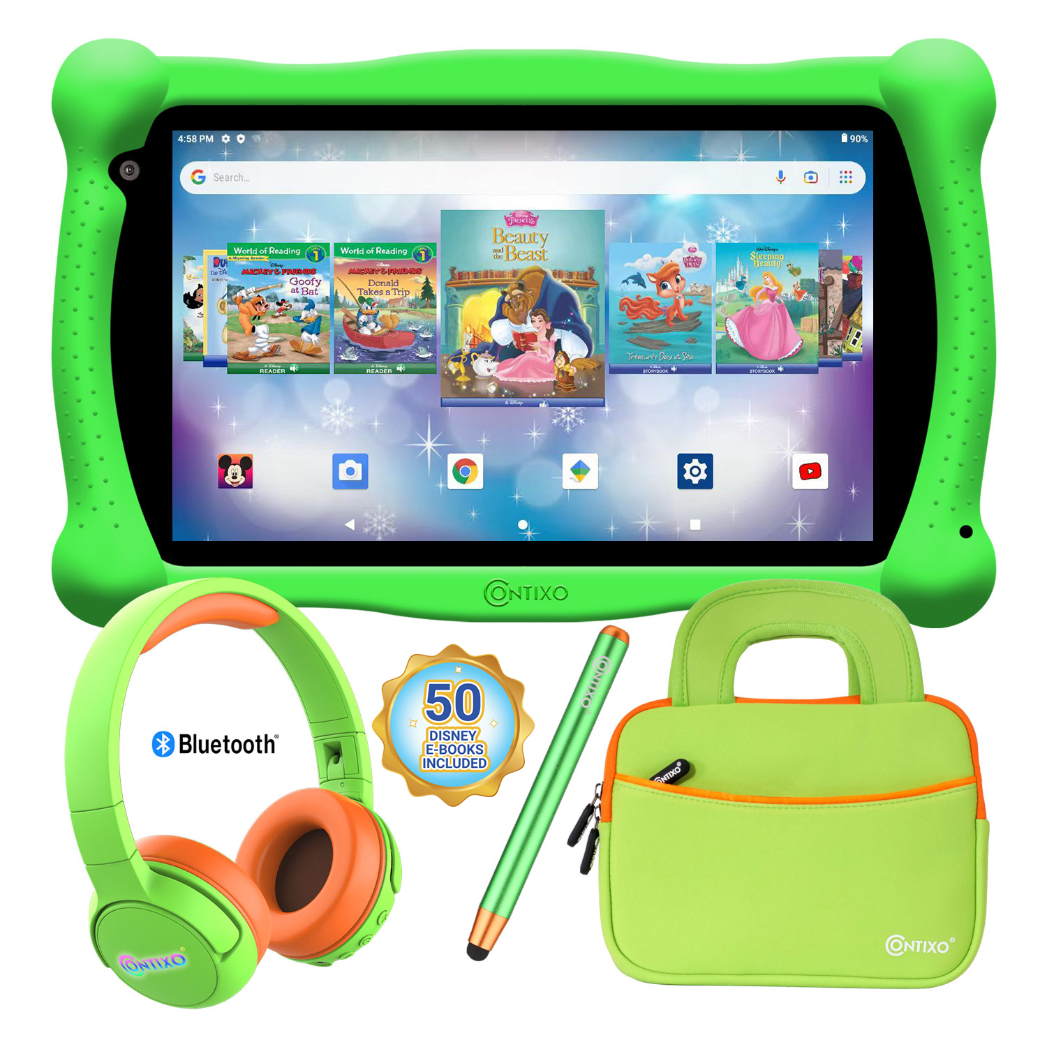 Contixo V10 7" Kids Tablet, Headphones and Tablet Bag Bundle, 32GB Storage, 50+ Disney eBooks, Shockproof Case w/ Kickstand and Stylus - Green - image 1 of 3