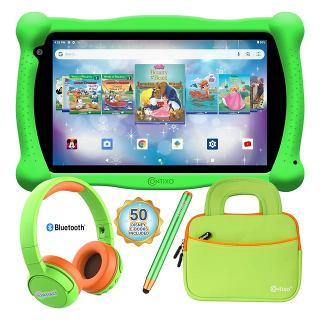 Contixo V10 7" Kids Tablet, Headphones and Tablet Bag Bundle, 32GB Storage, 50+ Disney eBooks, Shockproof Case w/ Kickstand and Stylus - Green