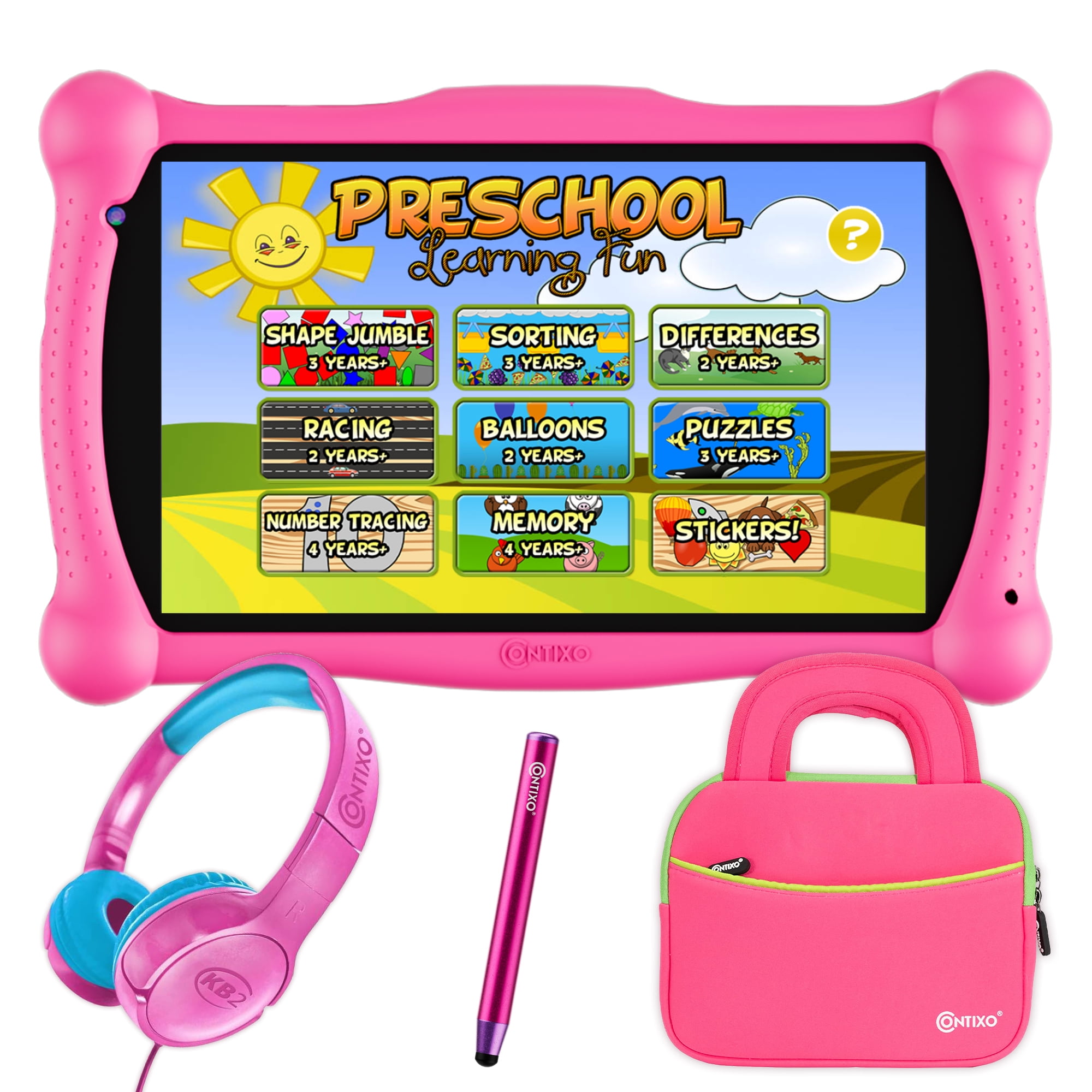 Contixo 7" Kids Tablet Bundle, 50 FREE Disney Storybooks, Educational Android Tablet for Ages 3-12, 32GB, STEM Learning, Parental Controls, with Kid-Safe Headphones & Case - Pink