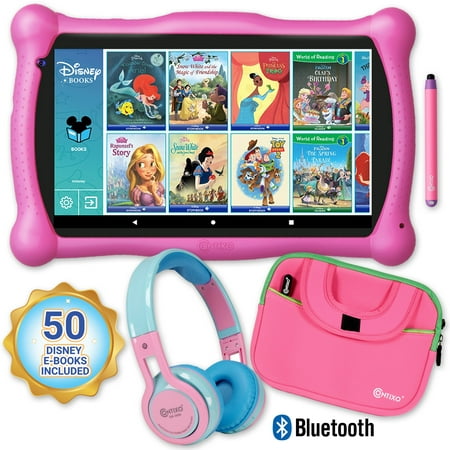 Contixo V10 7" Kids Tablet, Wireless Headphone and Tablet Bag Bundle, 32GB Storage, 50+ Disney eBooks, Shockproof Case w/ Kickstand and Stylus Pink