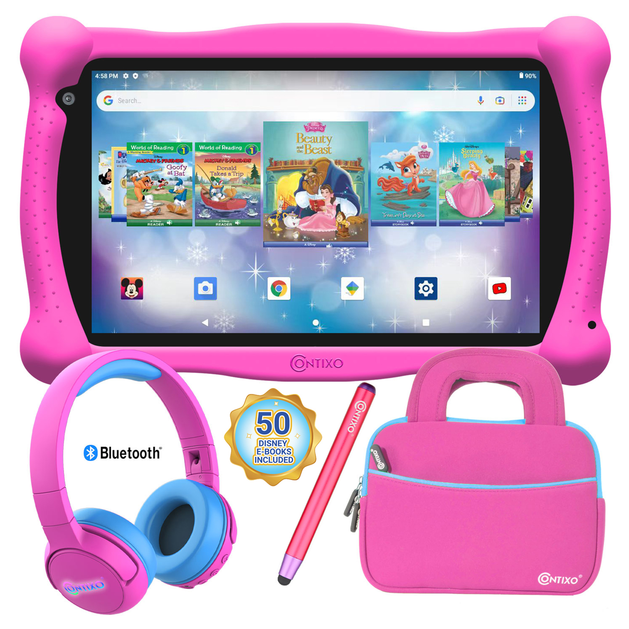 Contixo V10 7" Kids Tablet, with Headphone and Tablet Bag Bundle, 32GB Storage, 50+ Disney eBooks, Shockproof Case w/ Kickstand and Stylus - Pink - image 1 of 7