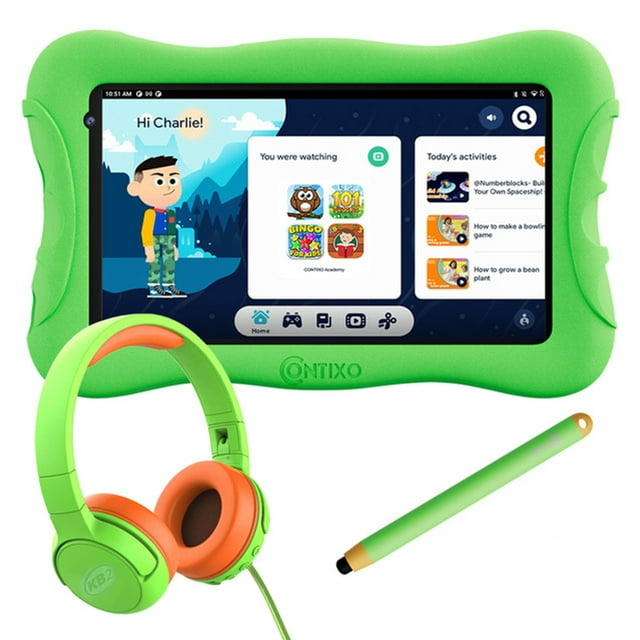 Contixo V10Plus Bundle, 7 inch Kids Learning Tablet with Headphone, Pre-loaded Teacher Approved Apps and Parent control - Green Set