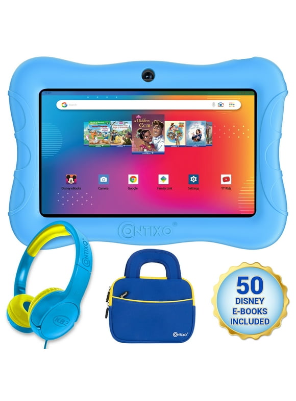 Contixo V9 7" Kids Tablet Bundle, Includes Headphones and Carrying Bag, Pre-loaded with 50+ Disney eBooks, Features 32GB Storage and Shockproof Case w/ Kickstand - Blue