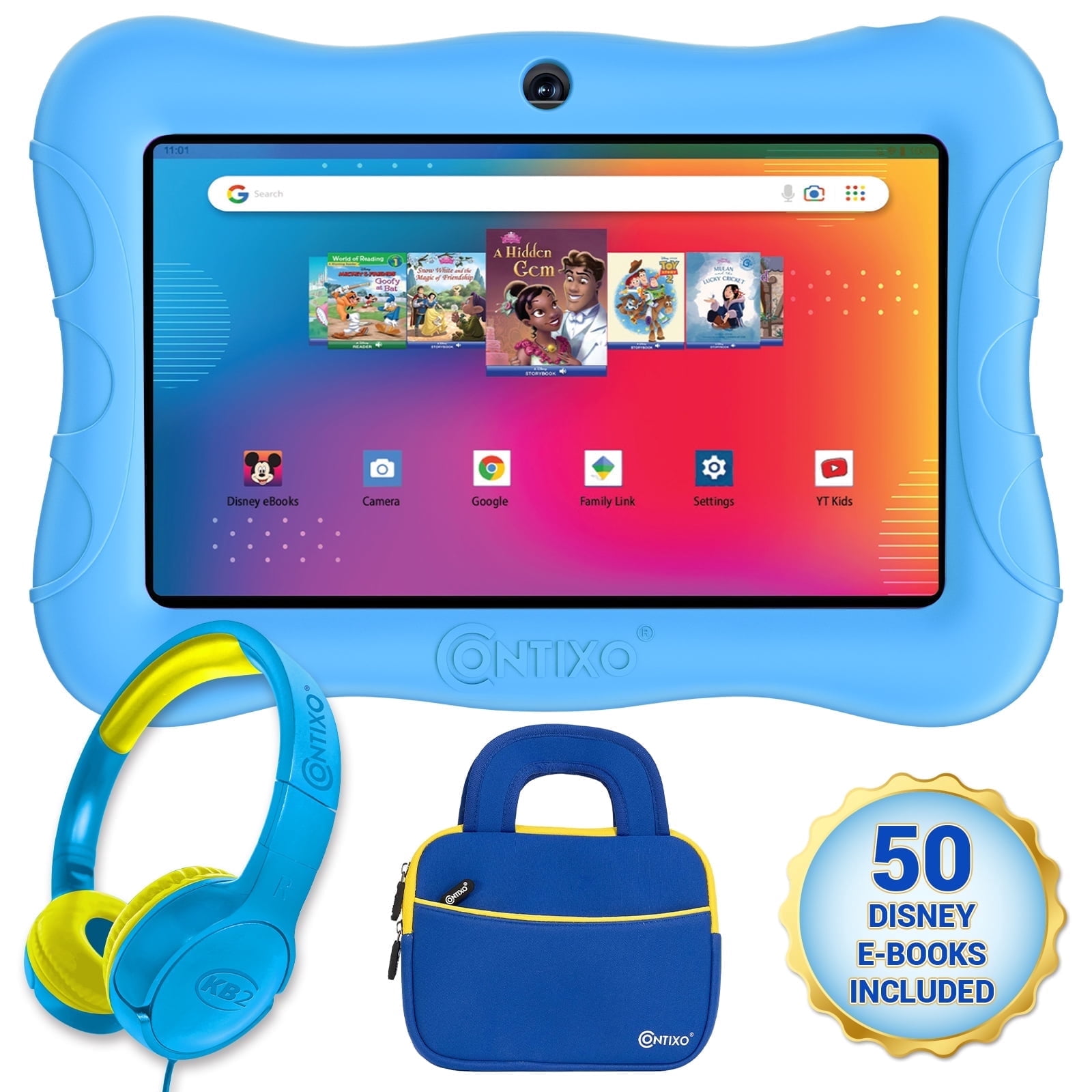 Contixo V9 7" Kids Tablet Bundle, Includes Headphones and Carrying Bag, Pre-loaded with 50+ Disney eBooks, Features 32GB Storage and Shockproof Case w/ Kickstand - Blue
