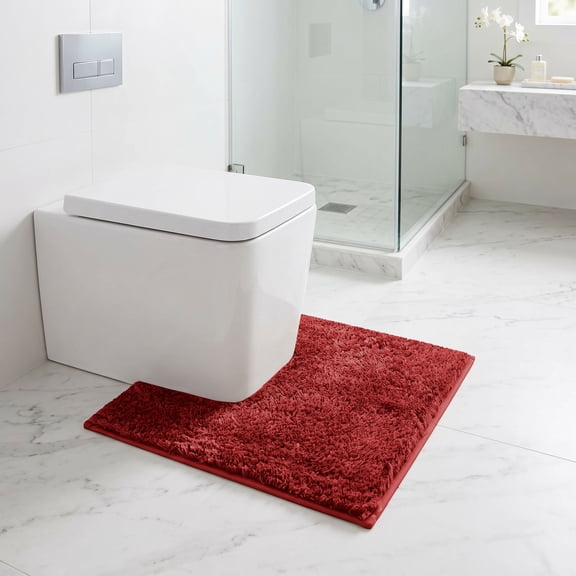 Contour Bathroom Rug 20" x 20", Non Slip Toilet Mat, Soft Plush Absorbent Bath Rug, Quick Dry Machine Washable Bathroom Floor Mat, U-Shaped Toilet Rug for Restroom, Vanity Red
