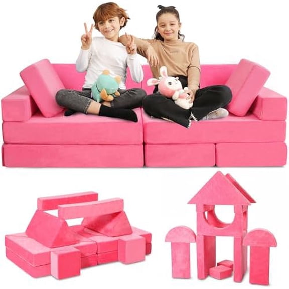 Contour Comfort Kids Couch, 14 Piece Modular Convertible Foam Play Sofa, Washable, Pink