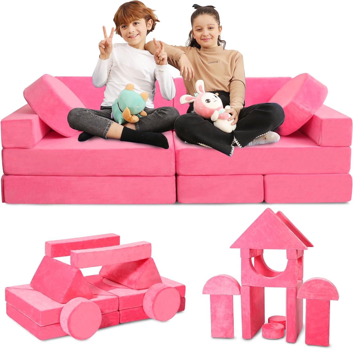 Contour Comfort Kids Couch 14 PC Modular Kids Play Couch Set Convertible Kids Sofa Couch with Soft Foam Sofa Cushions Kid Couch Play Room Furniture BlueKids Couch 14 PC Modular Kids