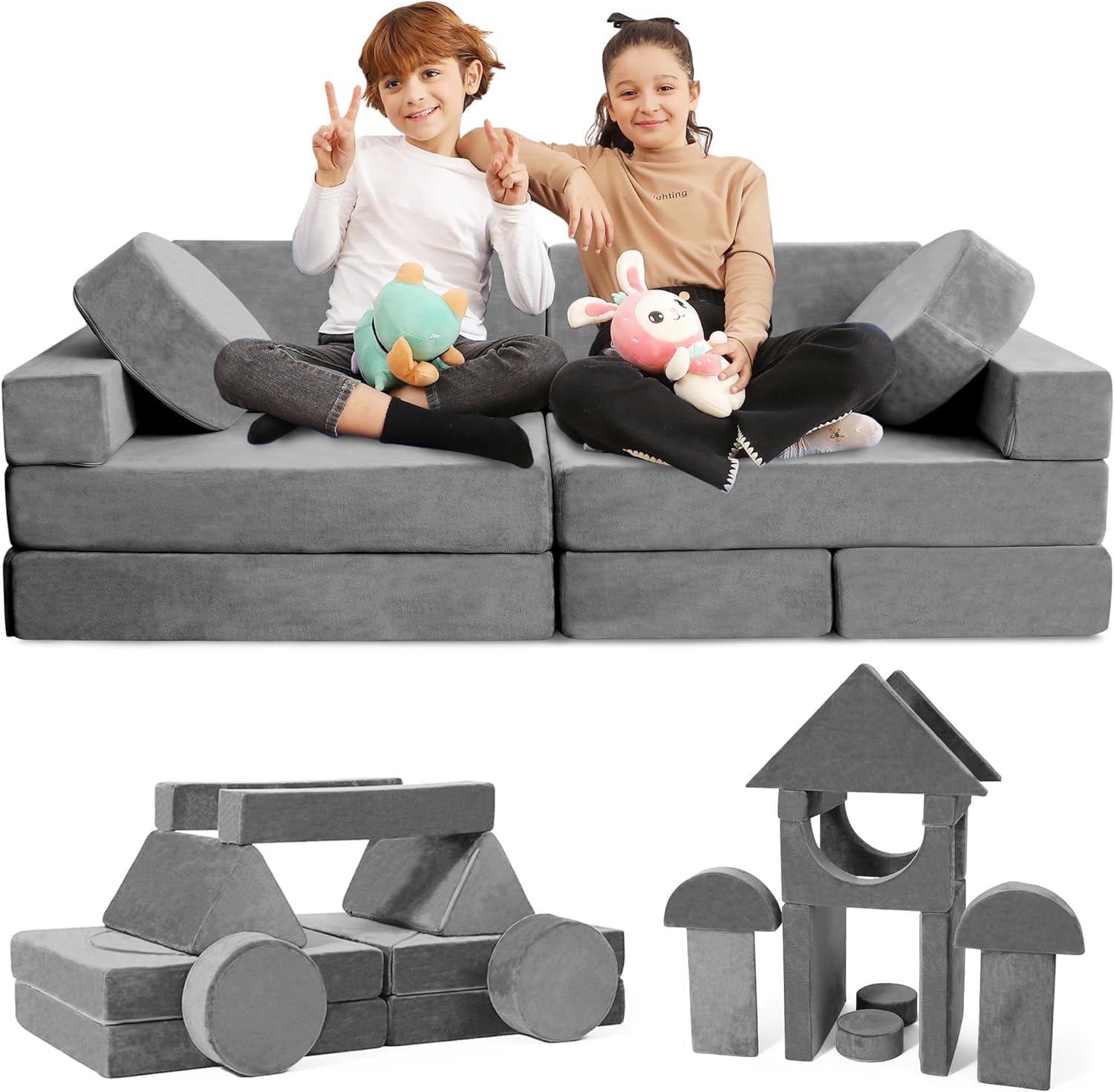 Gray Modular Kids Play Couch with Washable Cushions