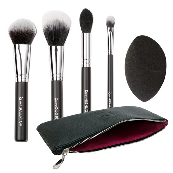 Contour Highlighter Makeup Brush Set – Brushes Kit with Blender Sponge for Full Face Contouring Sculpting Highlighting with Powder Cream Cosmetics, Soft Synthetic Vegan