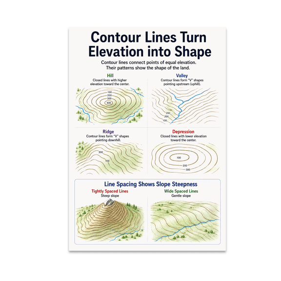 Contour Lines Elevation Map Art - Geography Enthusiast - 13x19 Poster Print